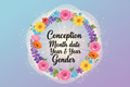 a logo with the characters "Conception Month date Year & Gender" With Flowers and Bright colours and subtle stars and magical bursts