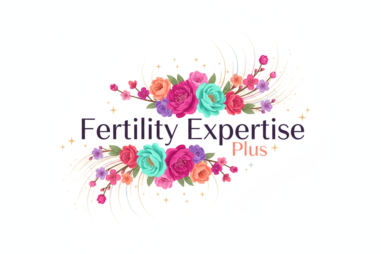 a logo with the characters "Fertility Expertise Plus" With Flowers and Bright colours and subtle stars and magical bursts