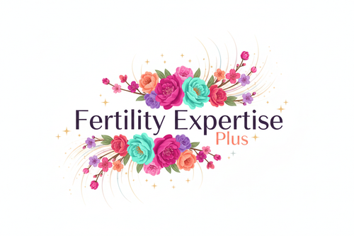 a logo with the characters "Fertility Expertise Plus" With Flowers and Bright colours and subtle stars and magical bursts