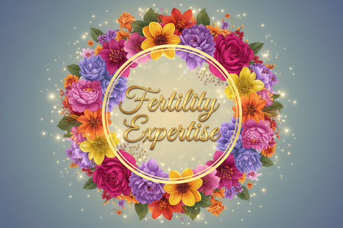 a logo with the characters "Fertility Expertise" With Flowers and Bright colours and subtle stars and magical bursts