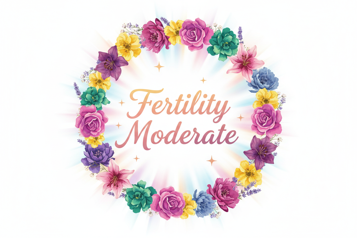a logo with the characters "Fertility Moderate" With Flowers and Bright colours and subtle stars and magical bursts