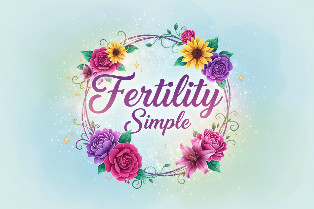a logo with the characters "Fertility Simple" With Flowers and Bright colours and subtle stars and magical bursts