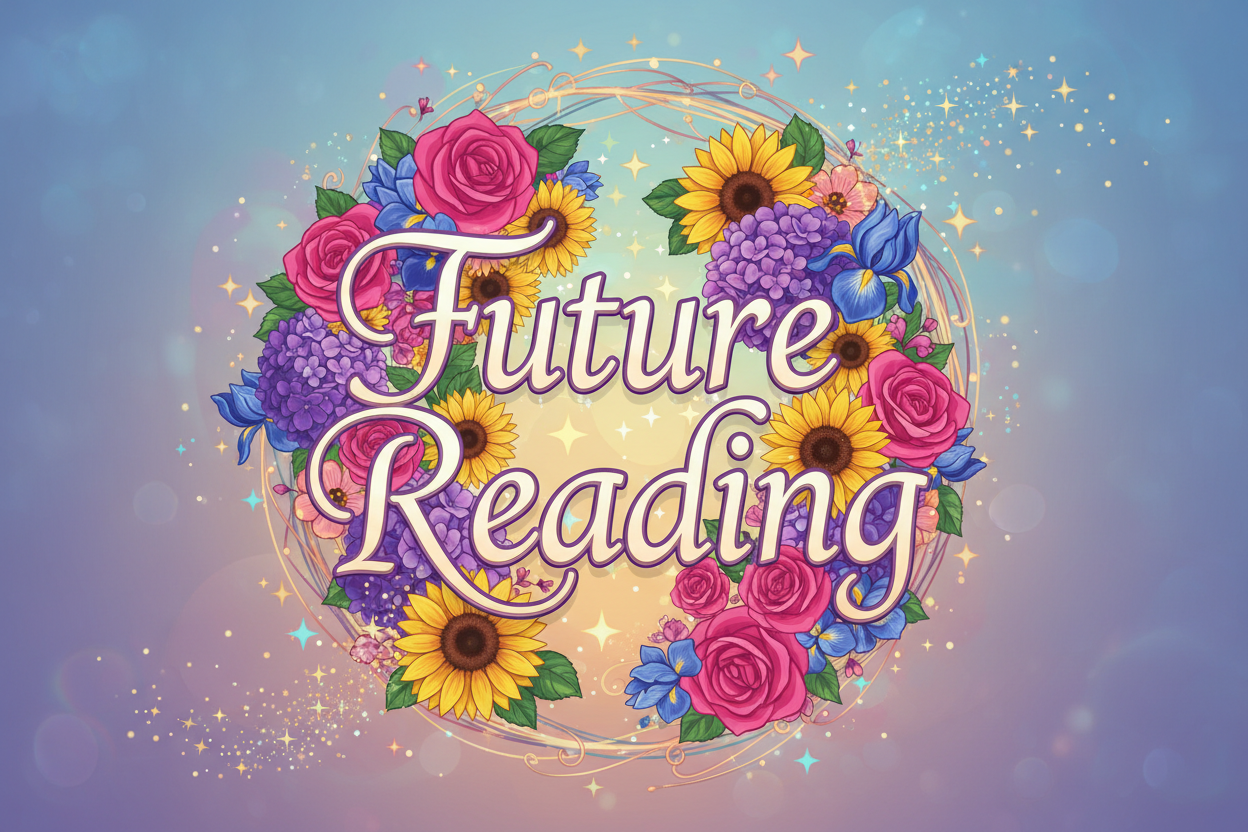 a logo with the characters "Future Reading" With Flowers and Bright colours and subtle stars and magical bursts