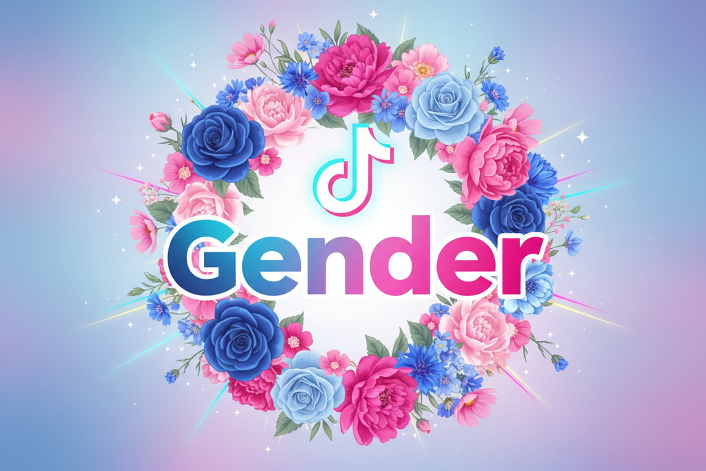 a logo with the characters "Gender" With blue and Pink Flowers and Bright colours and subtle stars and magical bursts. With a Vibrant Tiktok Logo