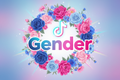 a logo with the characters "Gender" With blue and Pink Flowers and Bright colours and subtle stars and magical bursts. With a Vibrant Tiktok Logo