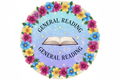 a logo with the characters "General Reading" With Flowers and Bright colours and subtle stars and magical bursts
