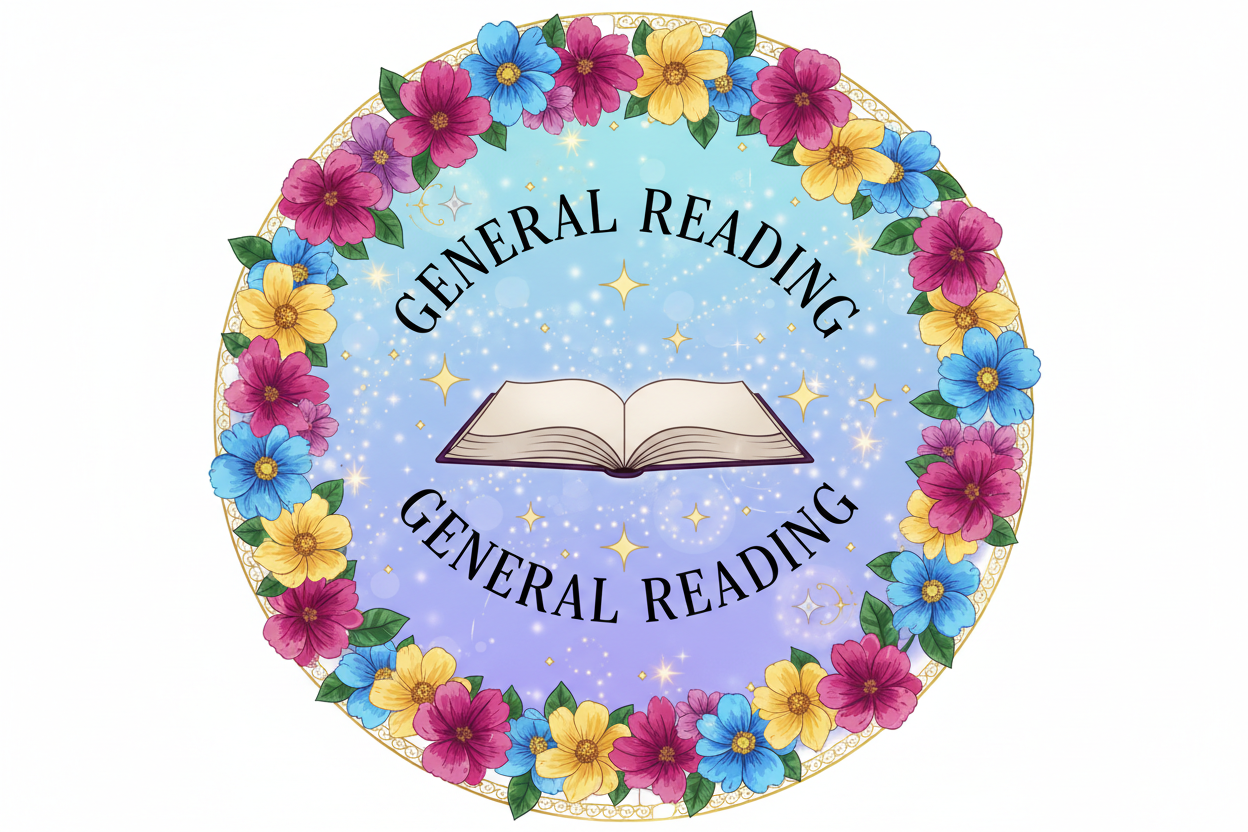 a logo with the characters "General Reading" With Flowers and Bright colours and subtle stars and magical bursts