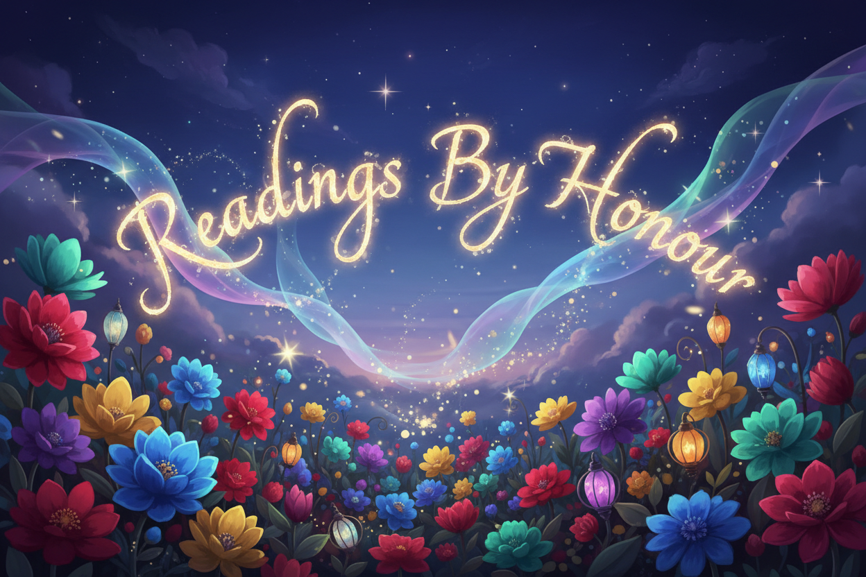 a logo with the characters "Readings By Honour" In the sky. With Flowers and Bright colours and subtle stars and magical bursts