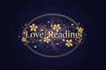 Logo with the words "Love Reading" with gloden flowers and subtle stars and magical bursts