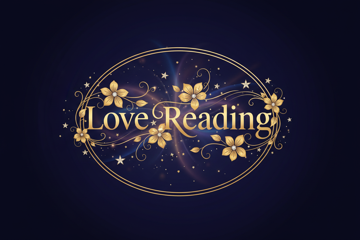 Logo with the words "Love Reading" with gloden flowers and subtle stars and magical bursts