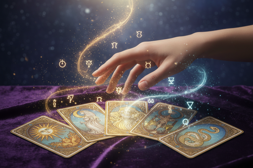 tarot cards with womans hand and magic