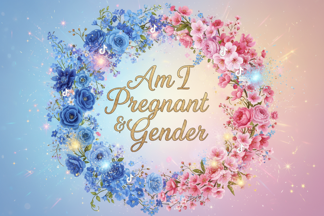 the characters "Am I Pregnant & Gender" With blue and Pink Flowers and Bright colours and subtle stars and magical bursts With Tiktok Logos