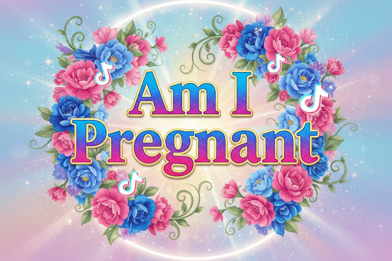 the characters "Am I Pregnant" With blue and Pink Flowers and Bright colours and subtle stars and magical bursts With Tiktok Logos