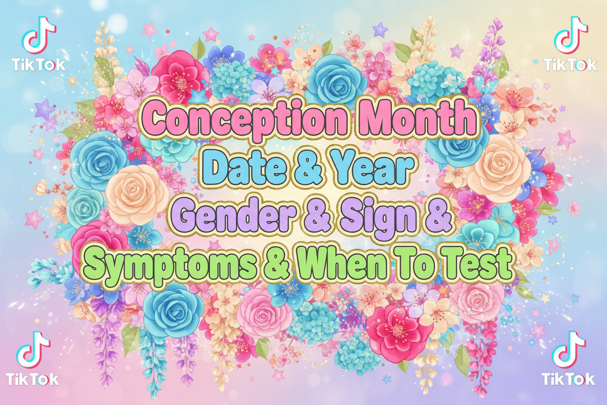 the characters "Conception Month Date & Year & Gender & Sign & Symptoms & When To Test" With blue and Pink Flowers and Bright colours and subtle stars and magical bursts With Tiktok Logos