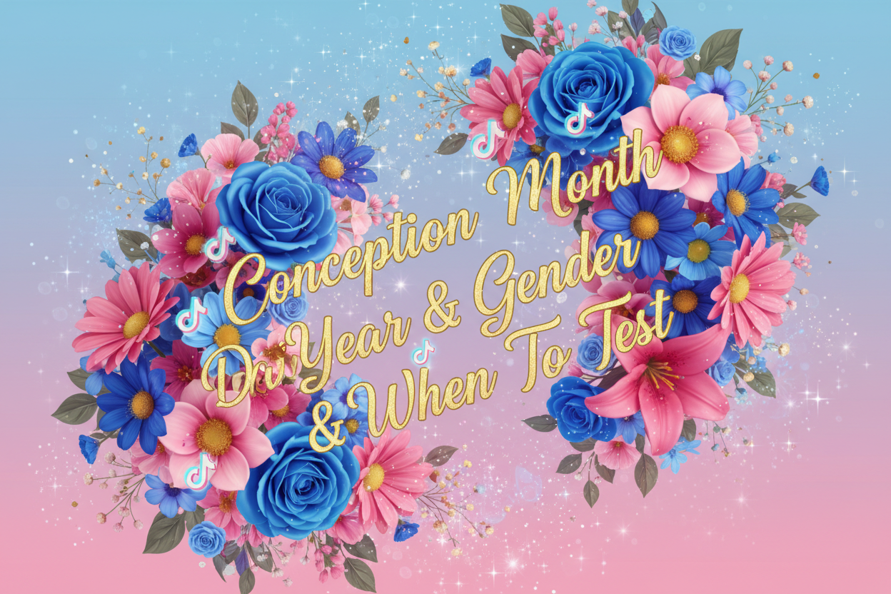 the characters "Conception Month Date Year & Gender & When To Test" With blue and Pink Flowers and Bright colours and subtle stars and magical bursts With Tiktok Logos