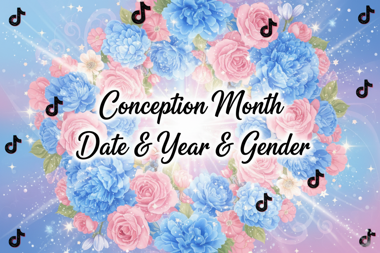the characters "Conception Month Date & Year & Gender" With blue and Pink Flowers and Bright colours and subtle stars and magical bursts With Tiktok Logos