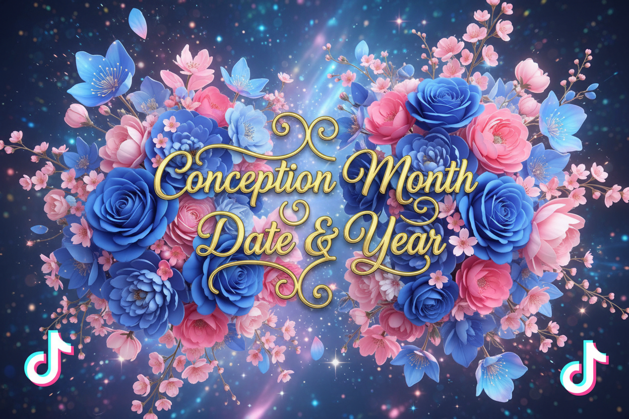 the characters "Conception Month Date & Year" With blue and Pink Flowers and Bright colours and subtle stars and magical bursts With Tiktok Logos