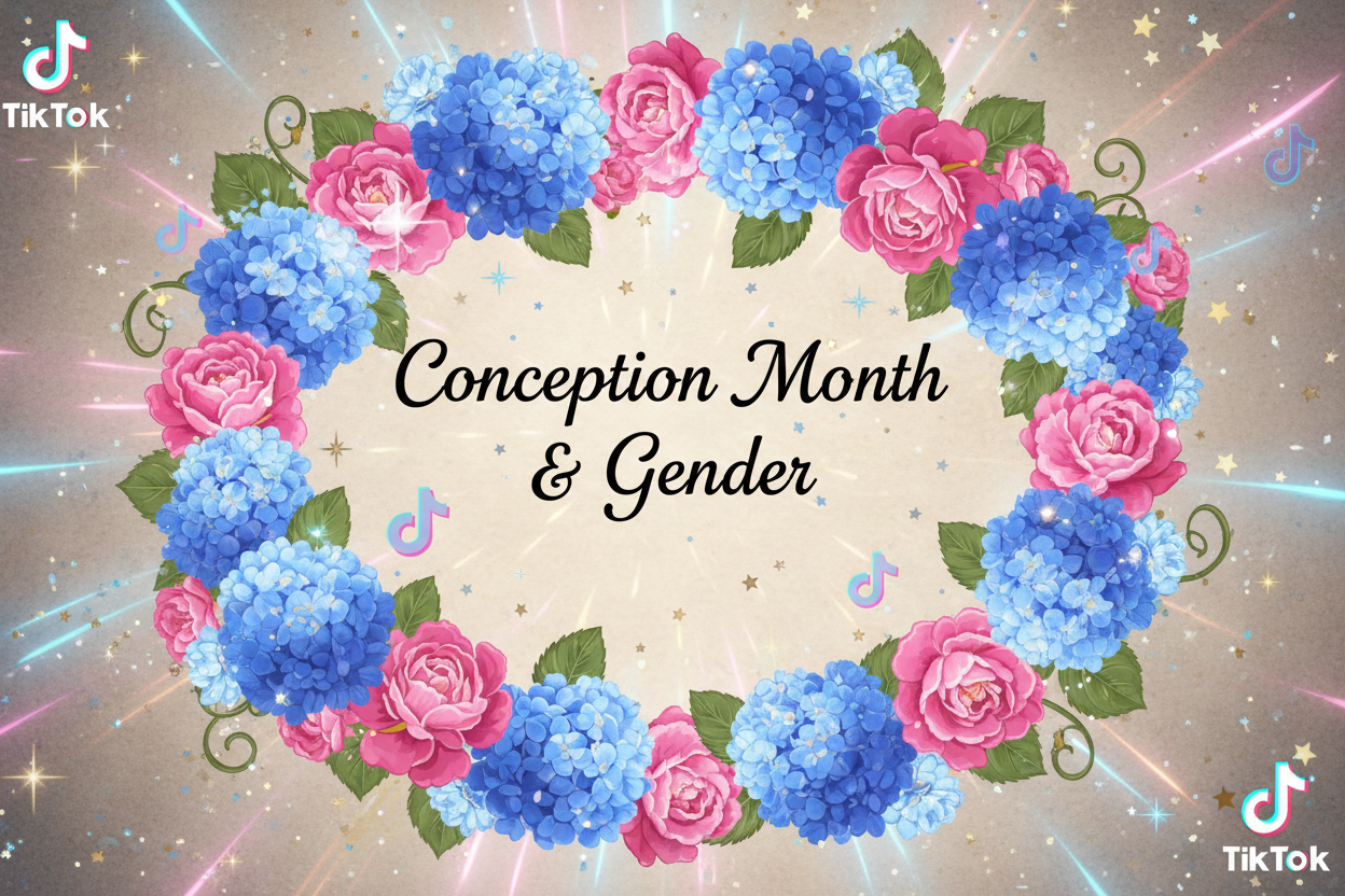 the characters "Conception Month & Gender" With blue and Pink Flowers and Bright colours and subtle stars and magical bursts With Tiktok Logos