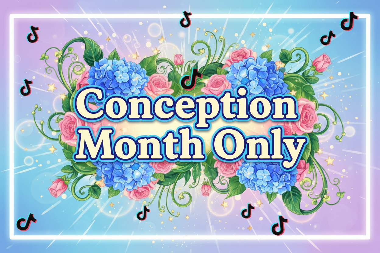 the characters "Conception Month Only" With blue and Pink Flowers and Bright colours and subtle stars and magical bursts With Tiktok Logos