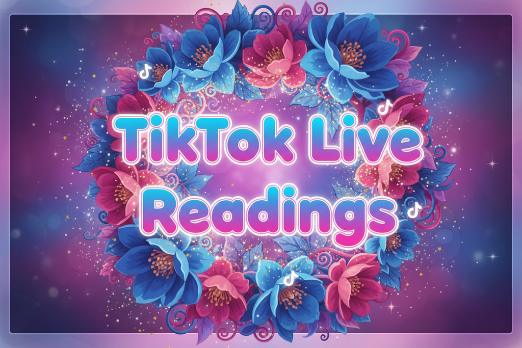 the characters "TikTok Live Readings" With blue and Pink Flowers and Bright colours and subtle stars and magical bursts With Tiktok Logos