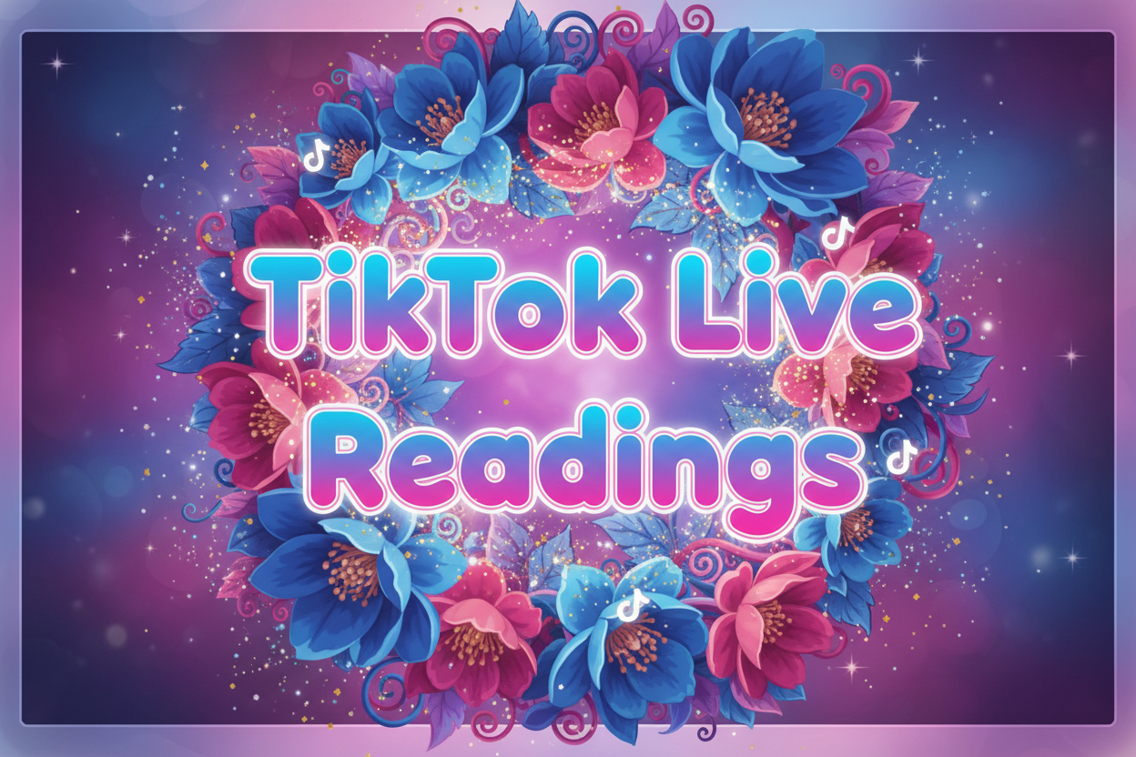 the characters "TikTok Live Readings" With blue and Pink Flowers and Bright colours and subtle stars and magical bursts With Tiktok Logos