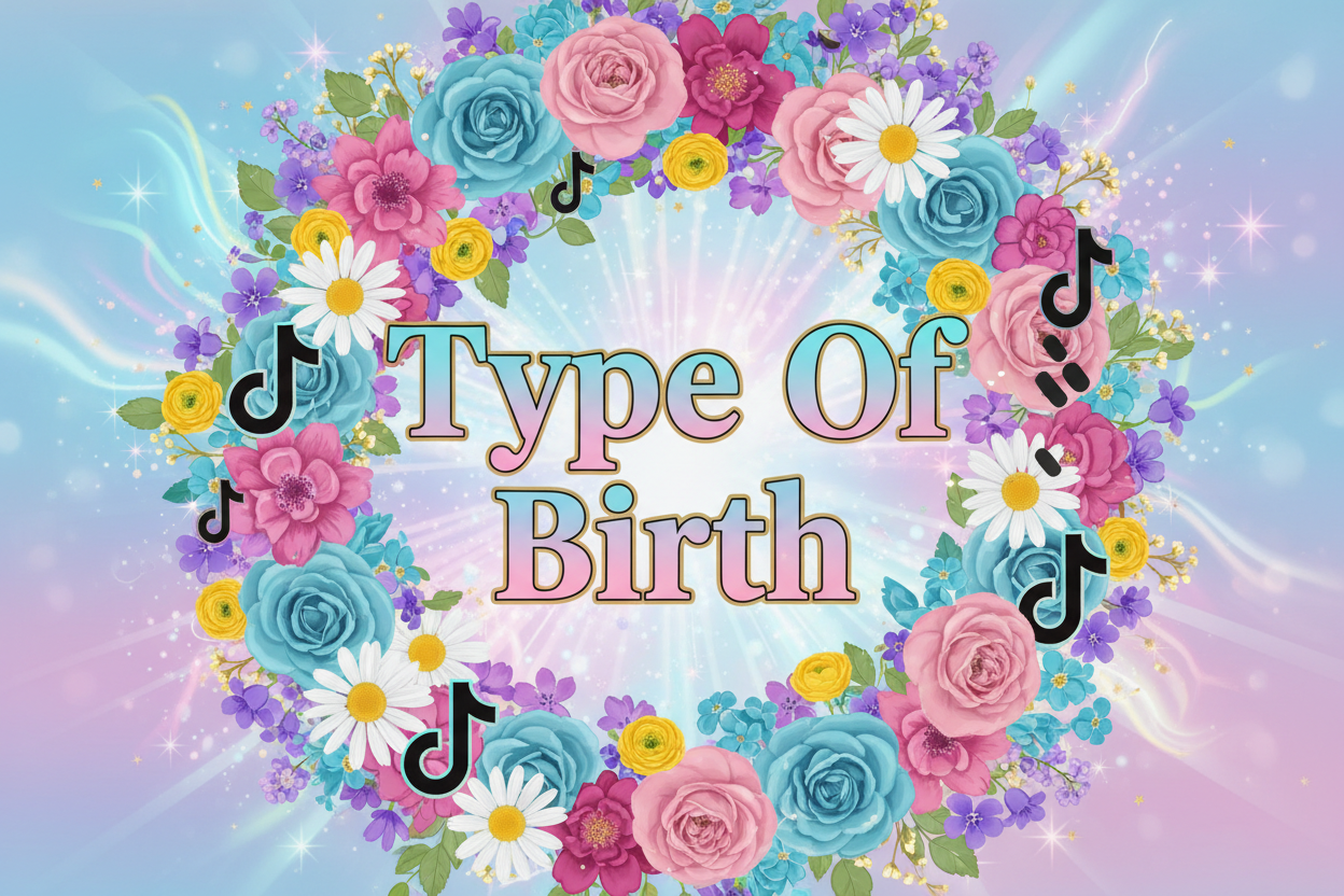 the characters "Type Of Birth" With blue and Pink Flowers and Bright colours and subtle stars and magical bursts With Tiktok Logos