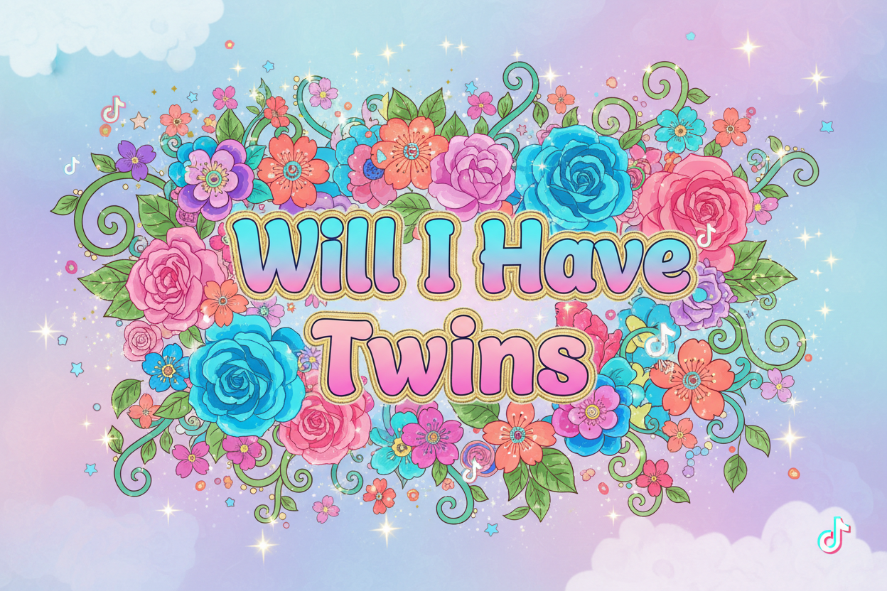 the characters "Will I Have Twins" With blue and Pink Flowers and Bright colours and subtle stars and magical bursts With Tiktok Logos