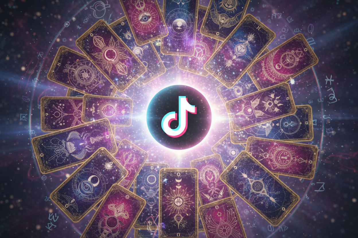 tiktok logo with tarot cards and bright magic